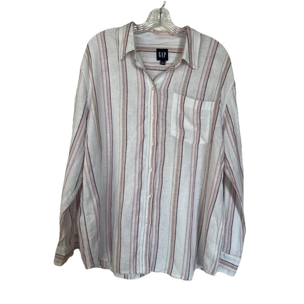 NWT Gap Boyfriend Shirt Women's Large Pink Linen Blend Oversized Beachy Coastal‎